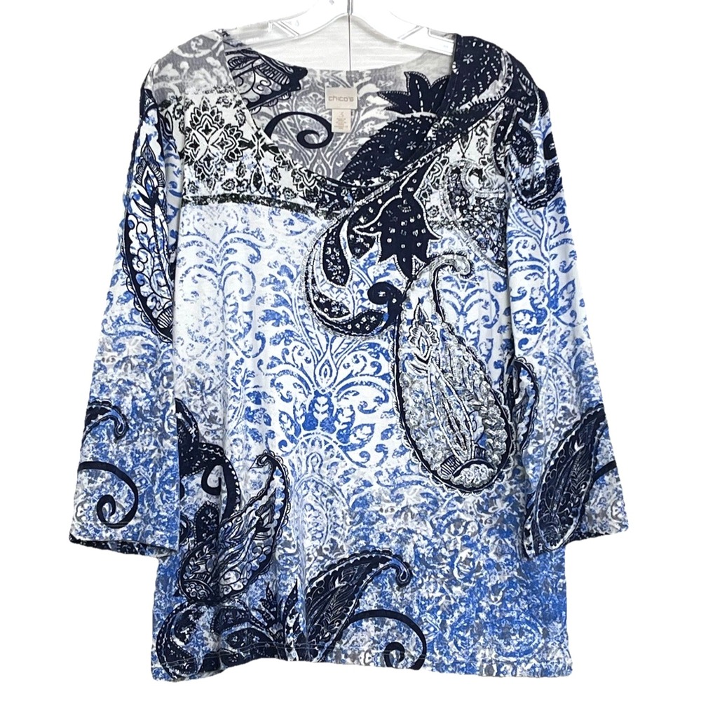 Chico's Womens Knit Top 3 US16 Blue Abstract Paisley Beads Sequins 3/4 Sleeve